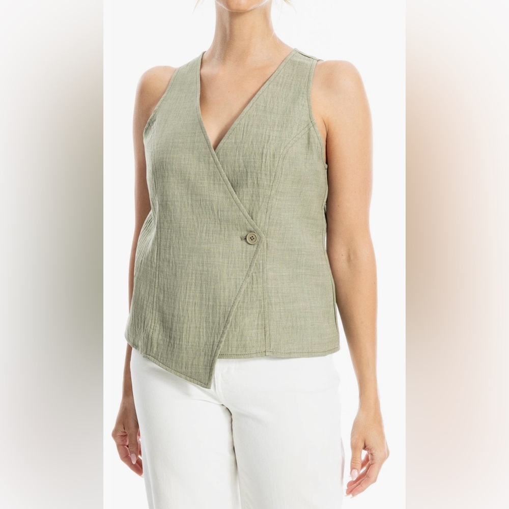 MAX STUDIO ASYMMETRIC WRAP WOVEN VEST WOMENS SLEEVELESS OLIVE GREEN SIZE MÉDIUM